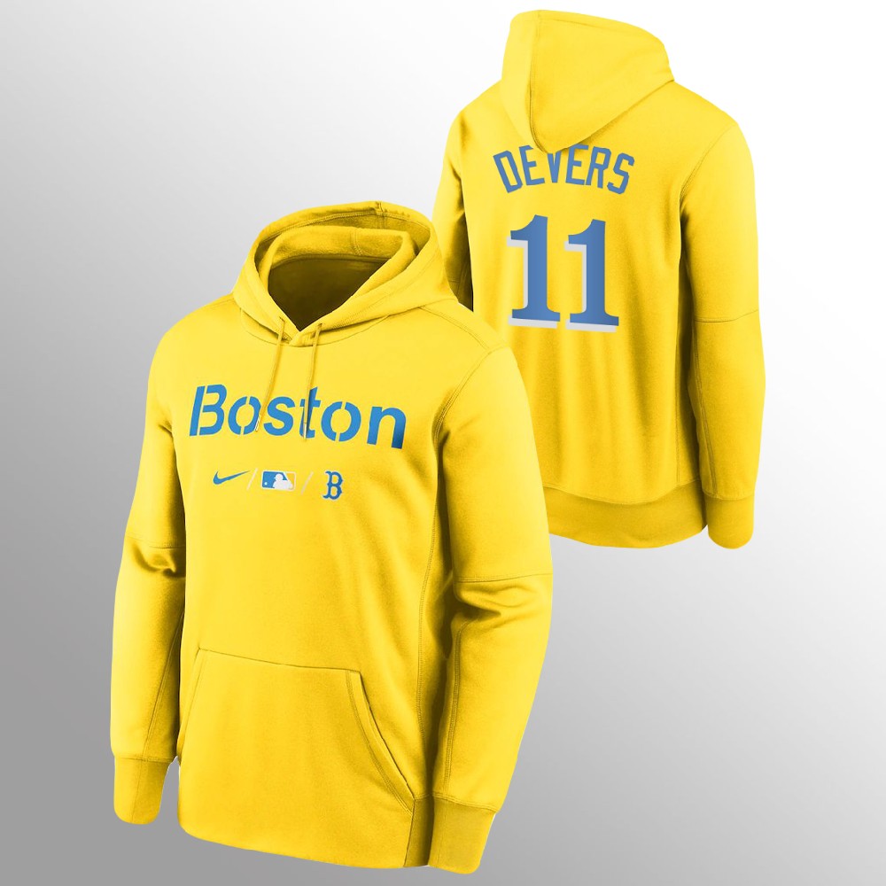 Boston Red Sox 11 Rafael Devers Mens 2021 City Connect Gold Pullover Baseball Hoodie Custom